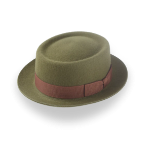 Distinctive Olive Green Wool Felt Telescope Crown Porkpie Hat
